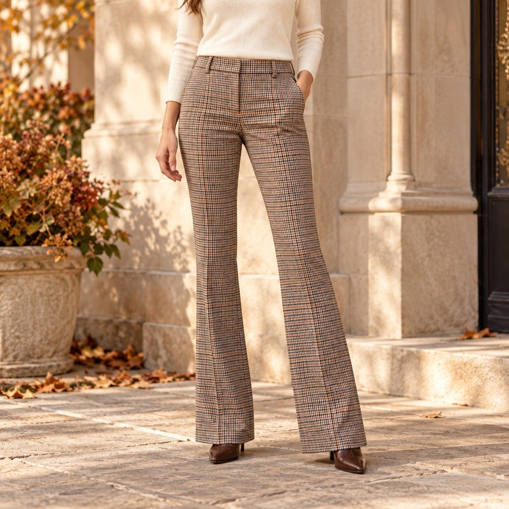 Theory Demitria 2 Pants Virgin Wool Womens 4 Brown Window Check Portland Flare